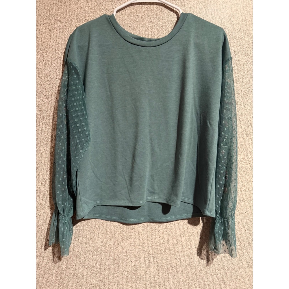 Eyeshadow Womens Teal Green Floral Embroidered Mesh Sleeve Top Medium J50291MOME
